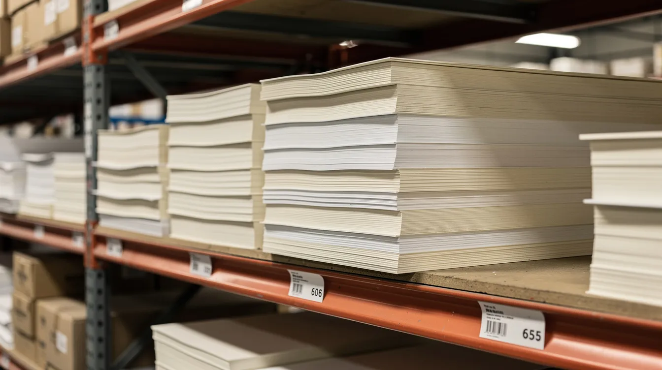 Stacks of white and cream writing and printing paper sheets on a warehouse shelf